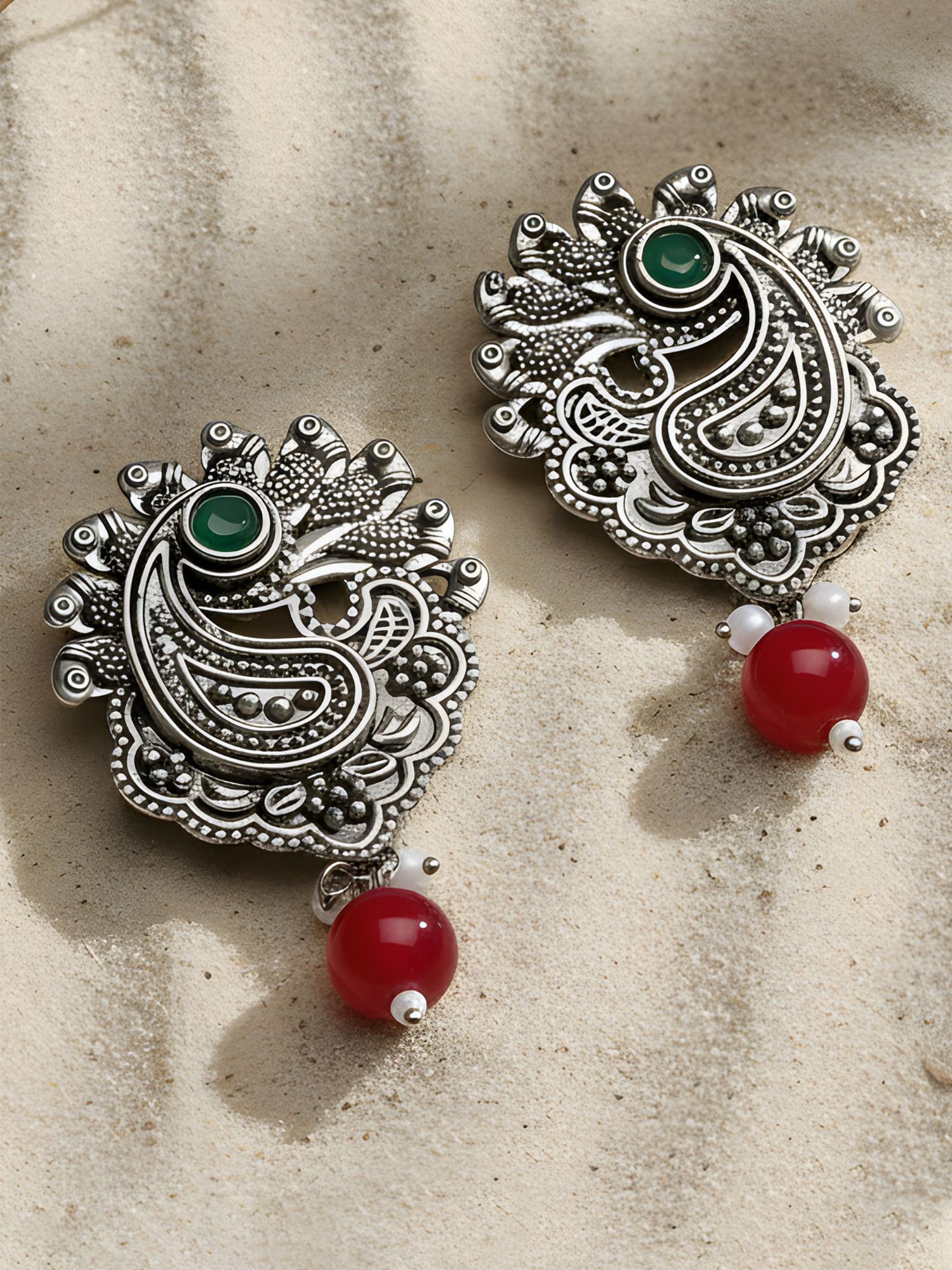 Karatcart Oxidised Silver Green Stone Red Bead Drop Earring for Women