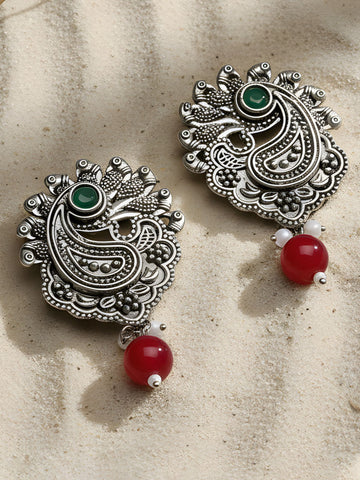 Karatcart Oxidised Silver Green Stone Red Bead Drop Earring for Women