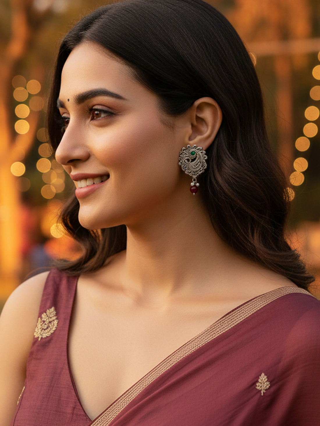 Karatcart Oxidised Silver Green Stone Red Bead Drop Earring for Women