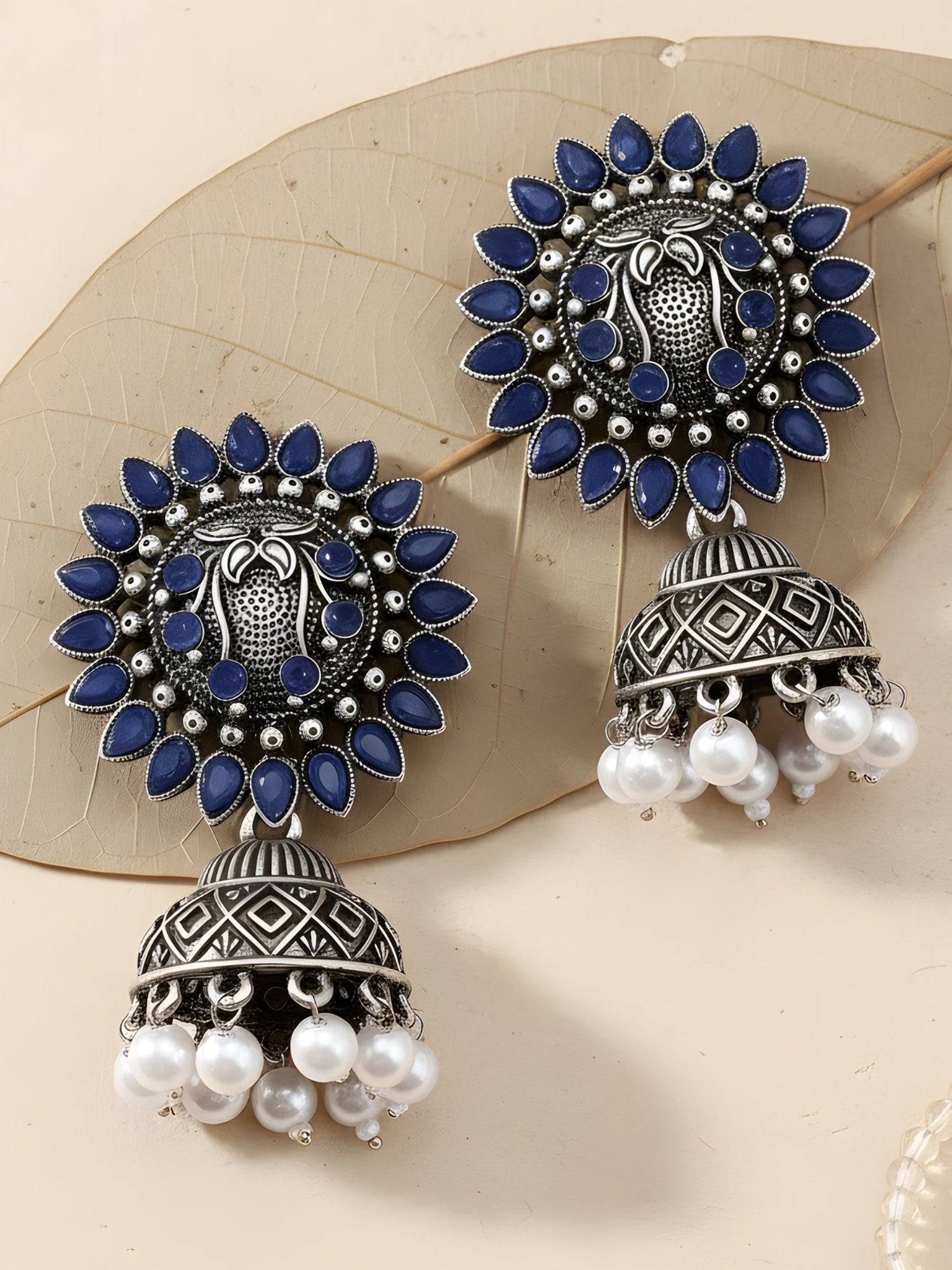 Karatcart Oxidised Silver Blue Stone Studded Jhumki Earring for Women