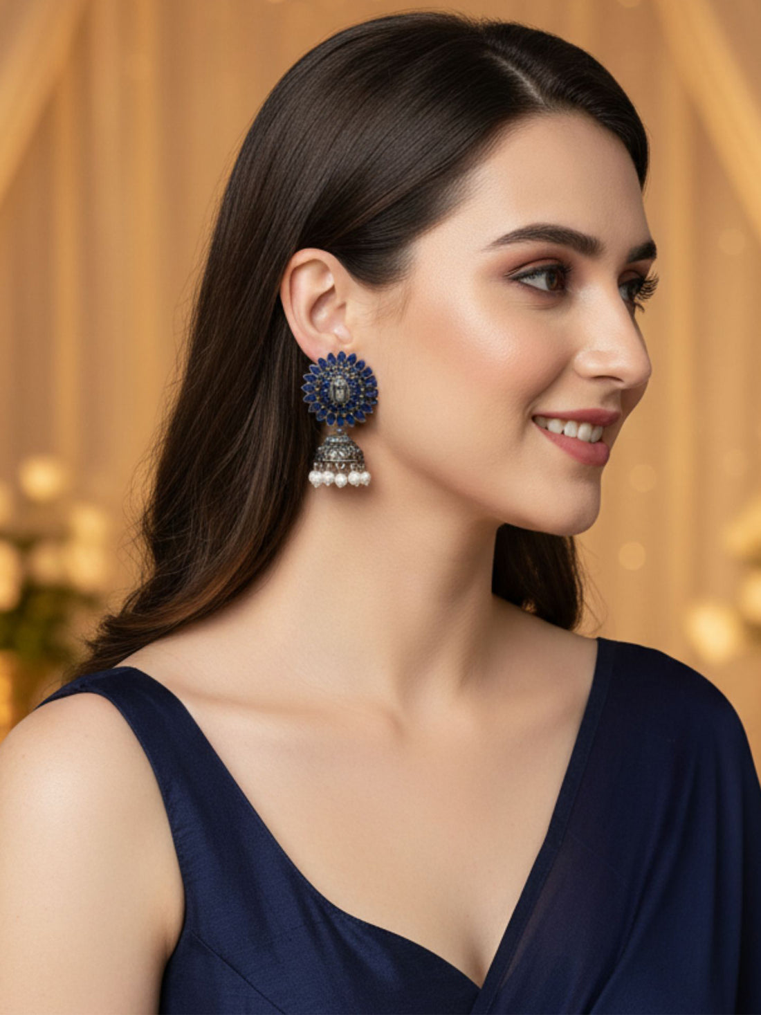 Karatcart Oxidised Silver Blue Stone Studded Jhumki Earring for Women