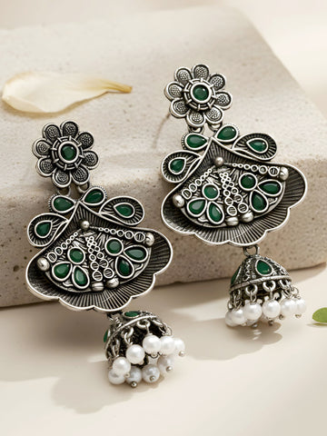 Karatcart Floral Oxidised Silver Green Stone Dangler Earring for Women