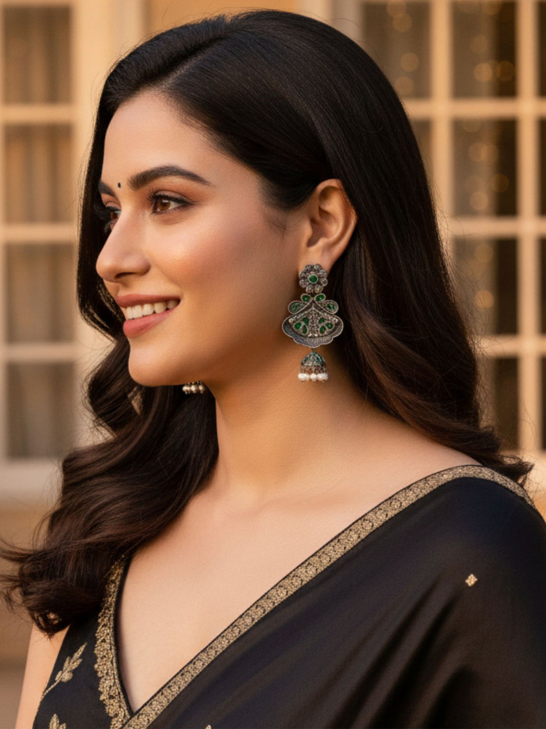 Karatcart Floral Oxidised Silver Green Stone Dangler Earring for Women