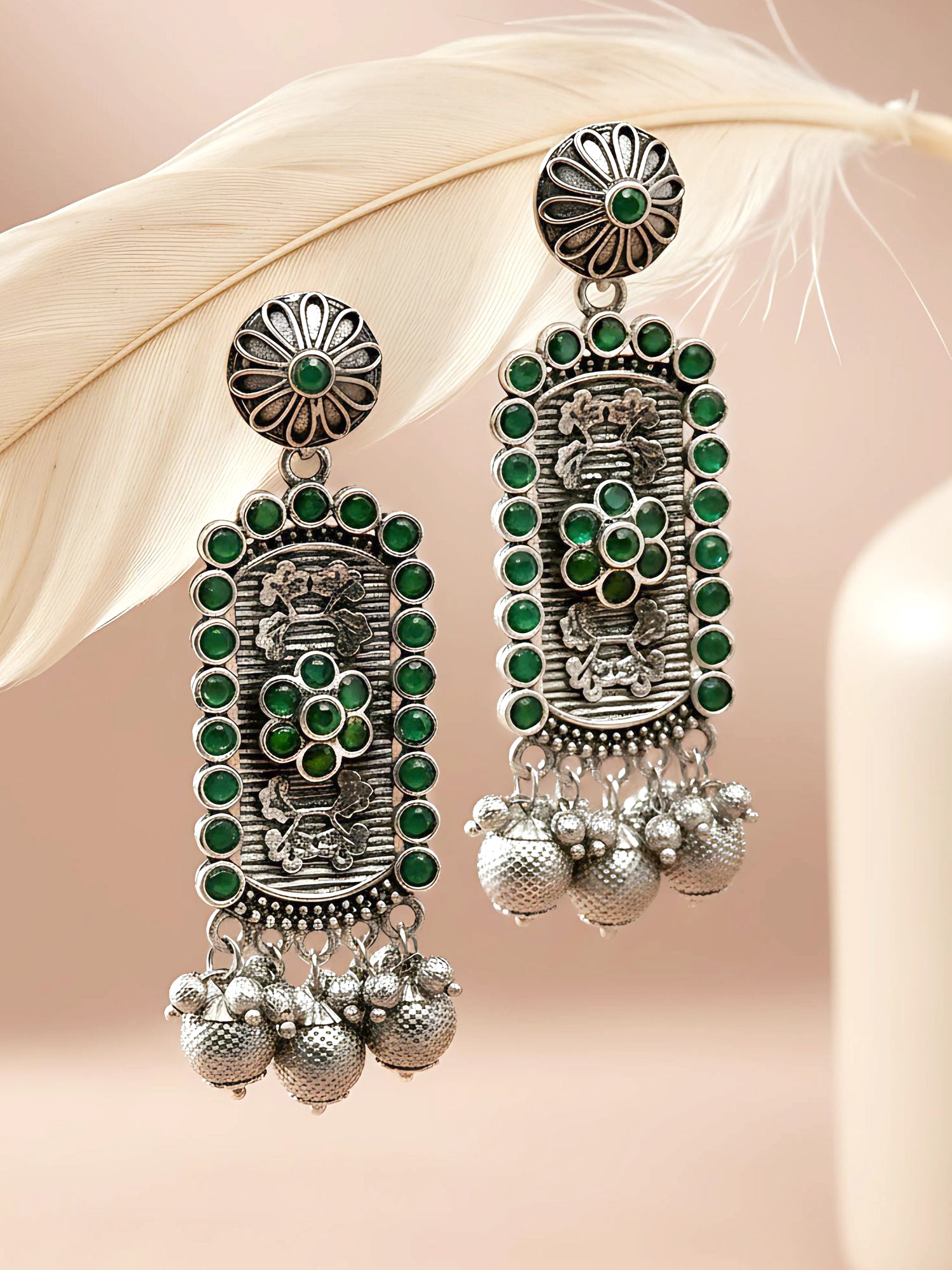 Karatcart Oxidised Silver Floral Green Stone Drop Earring for Women