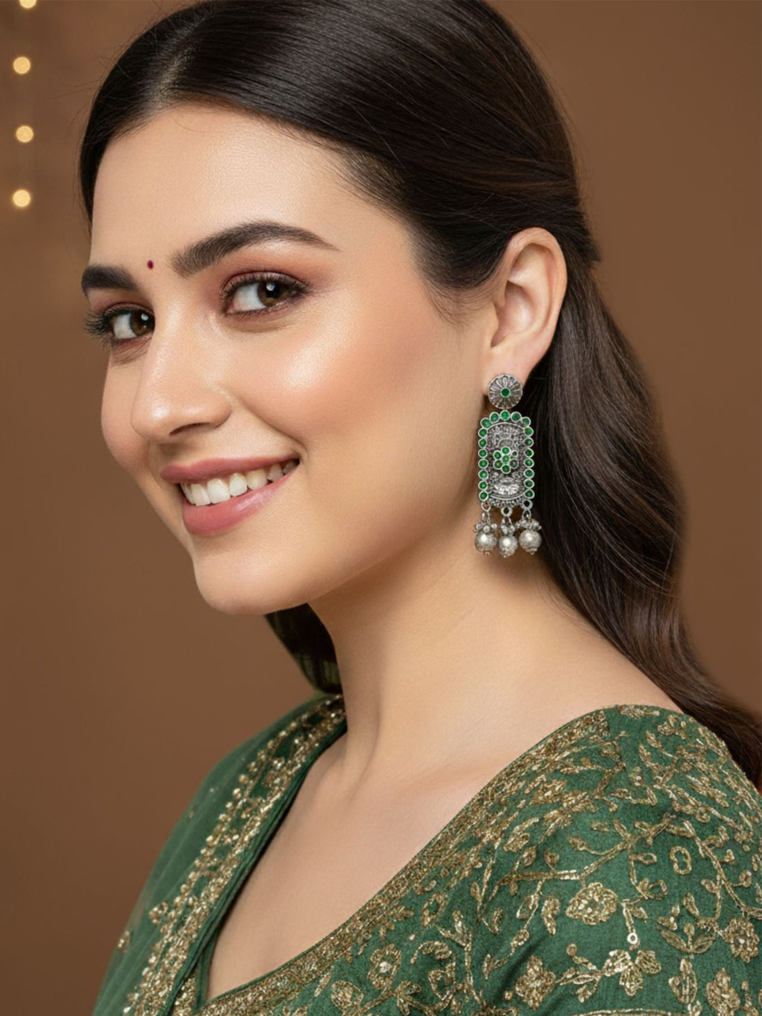 Karatcart Oxidised Silver Floral Green Stone Drop Earring for Women