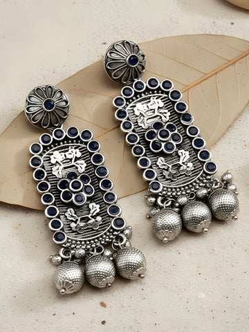 Karatcart Oxidised Silver Floral Blue Stone Drop Earring for Women