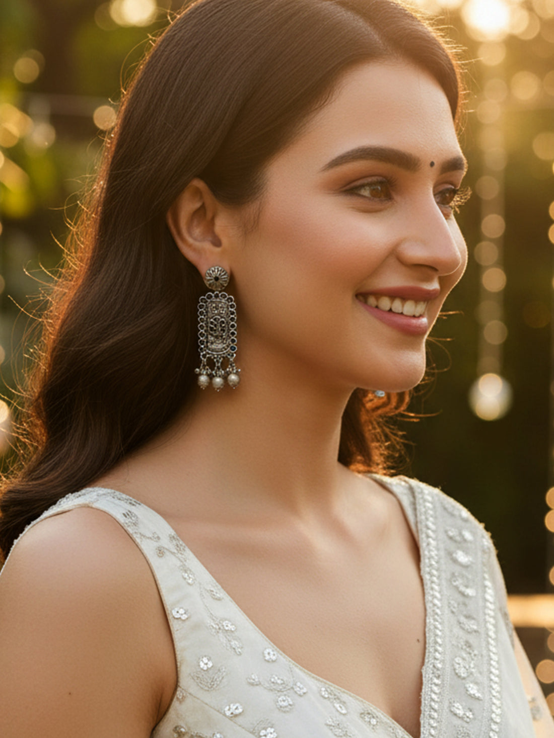 Karatcart Oxidised Silver Floral Blue Stone Drop Earring for Women