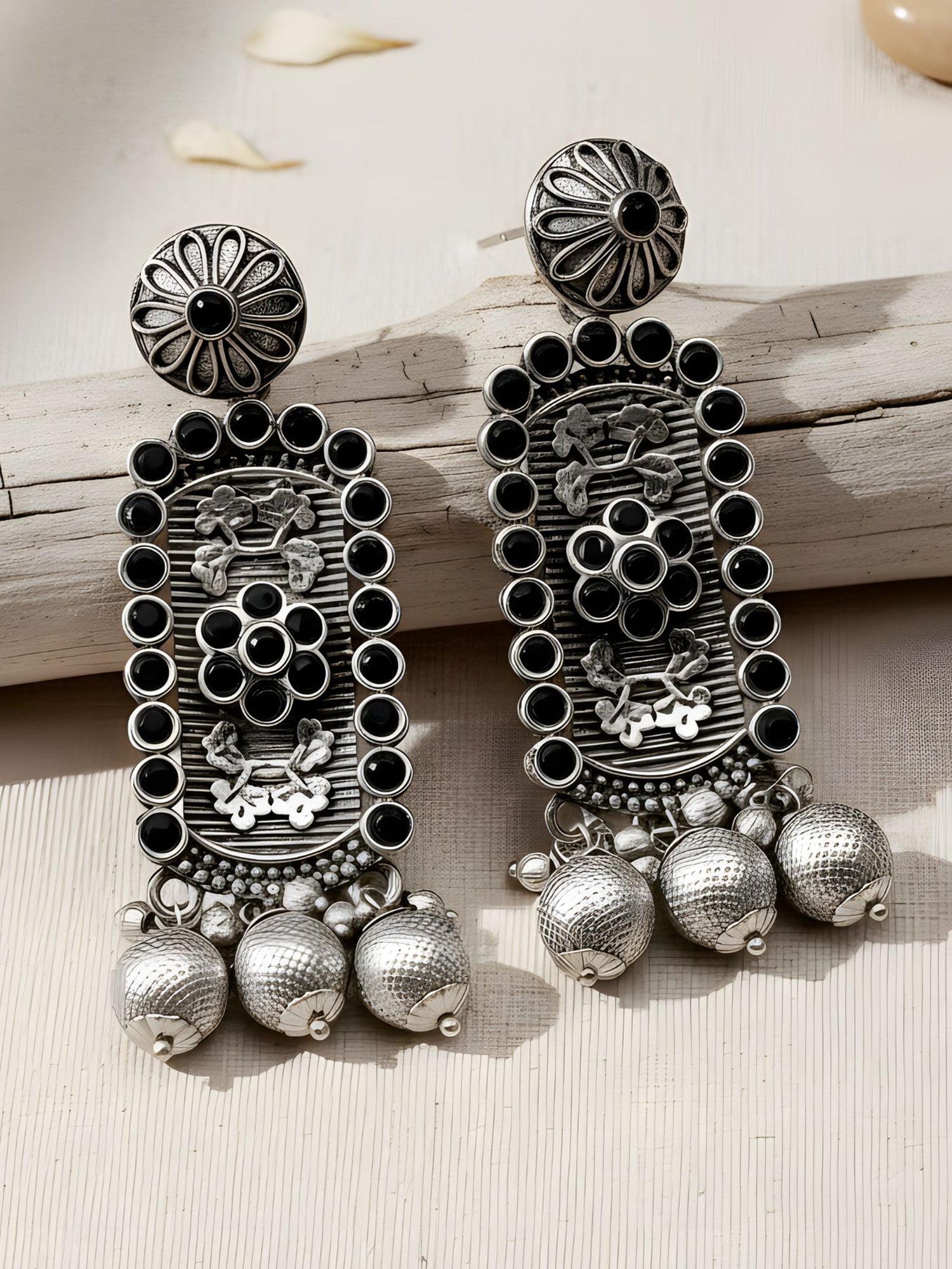 Karatcart Oxidised Silver Floral Black Stone Drop Earring for Women