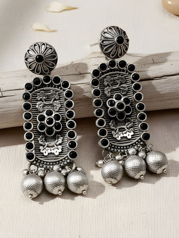 Karatcart Oxidised Silver Floral Black Stone Drop Earring for Women