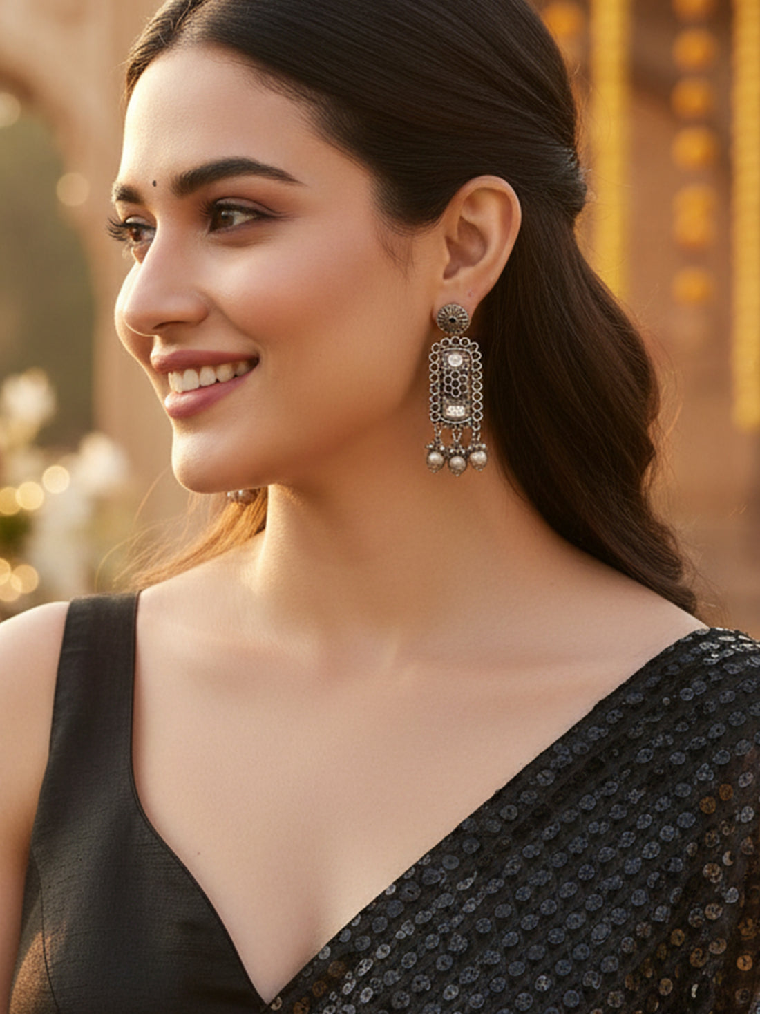 Karatcart Oxidised Silver Floral Black Stone Drop Earring for Women