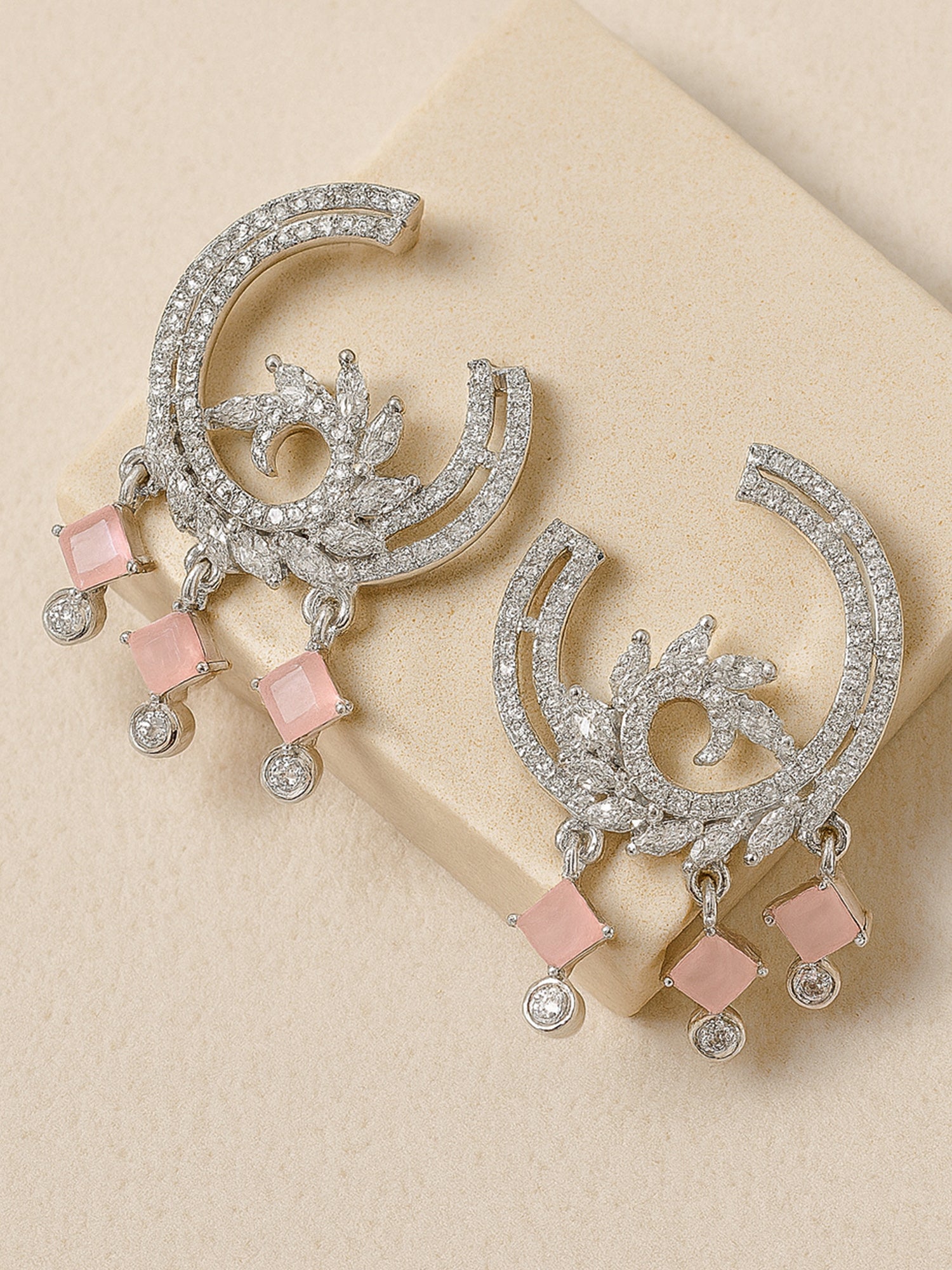 Karatcart Silver Plated Pink Cubic Zirconia Drop Earrings for Women