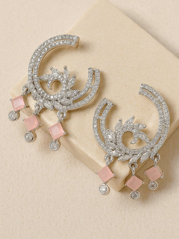 Karatcart Silver Plated Pink Cubic Zirconia Drop Earrings for Women