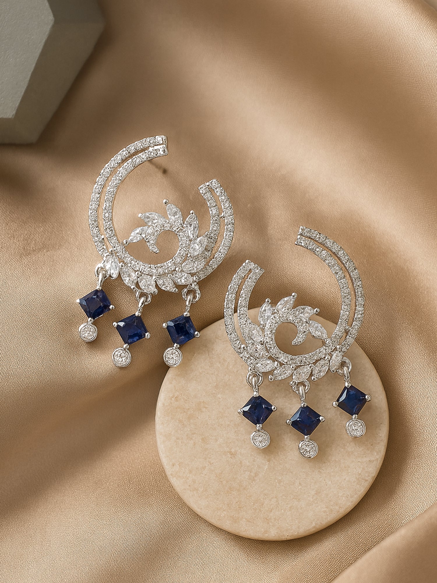 Karatcart Silver Plated Blue Cubic Zirconia Drop Earrings for Women