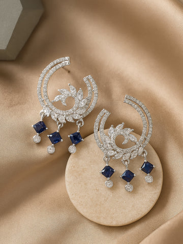 Karatcart Silver Plated Blue Cubic Zirconia Drop Earrings for Women