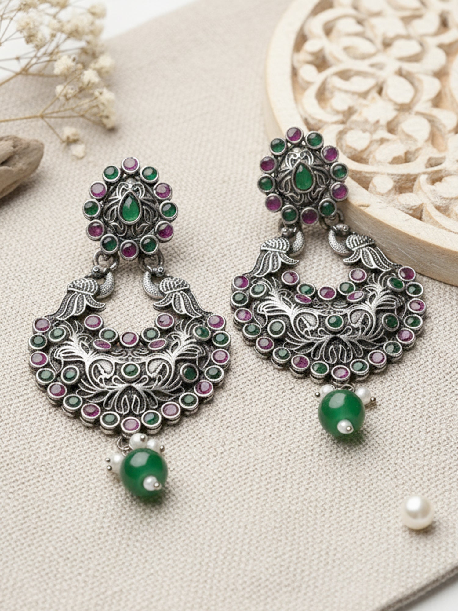 Karatcart Oxidised Silver Drop Shape Peacock Purple and Green Stone Dangler Earring for Women