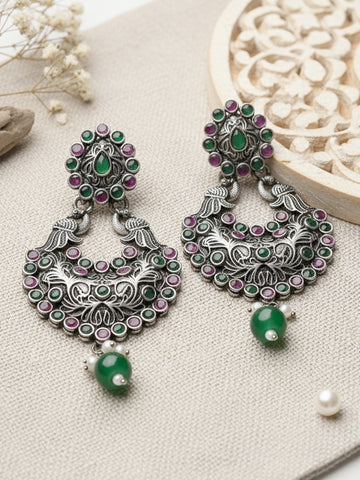 Karatcart Oxidised Silver Drop Shape Peacock Purple and Green Stone Dangler Earring for Women