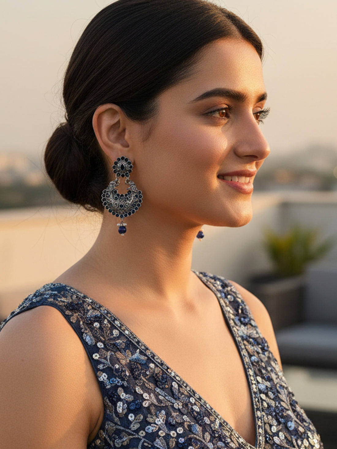 Karatcart Oxidised Silver Drop Shape Peacock Blue Stone Dangler Earring for Women