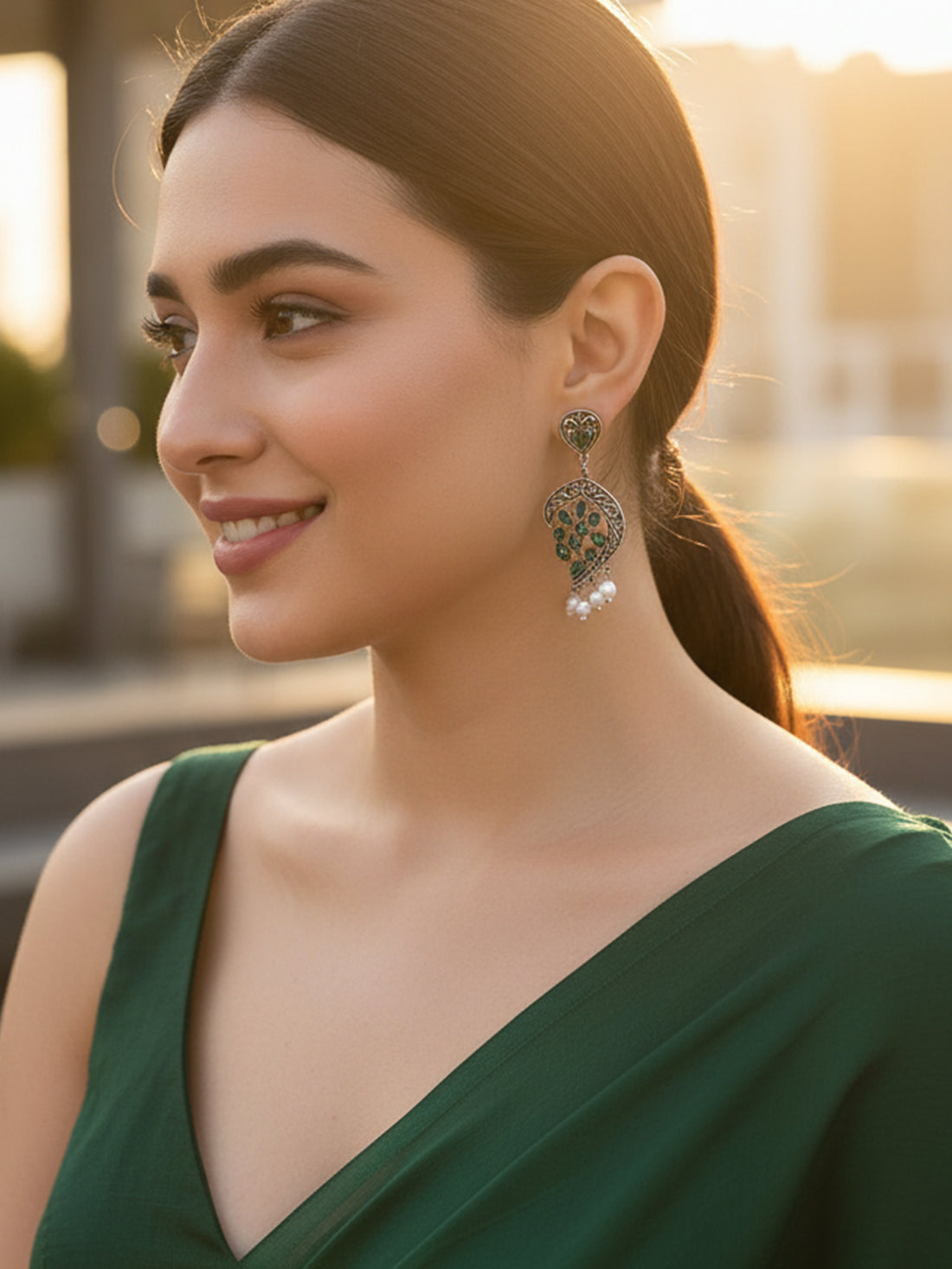 Karatcart Oxidised Silver Green Stone Drop Earring for Women