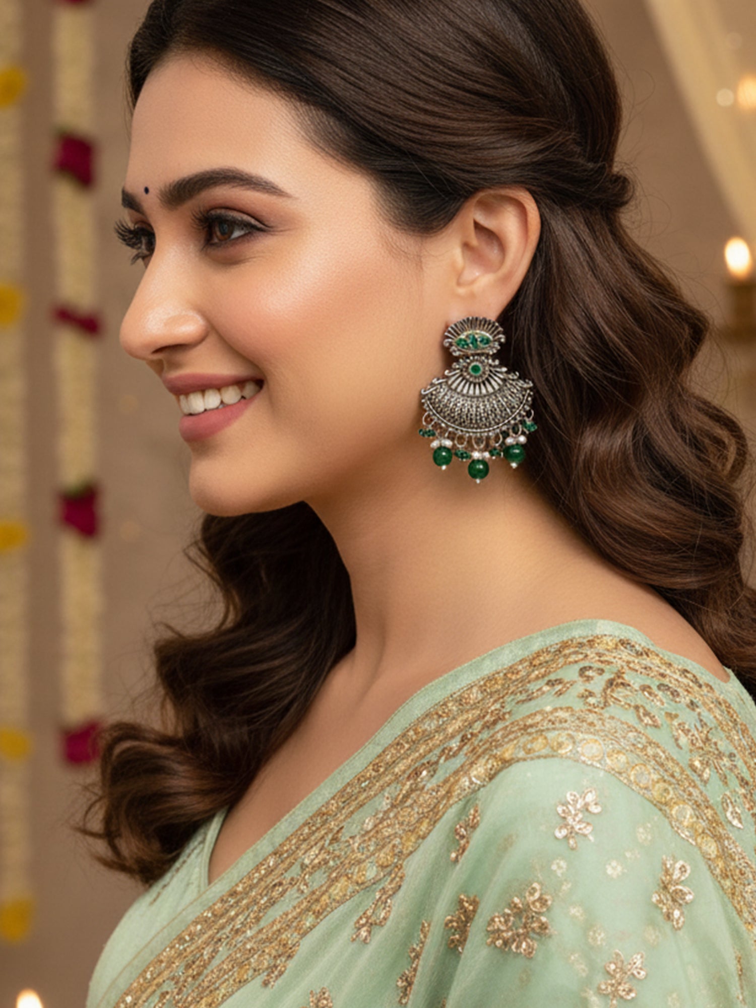 Karatcart Oxidised-Silver Green Stone Dangler Earring for Women