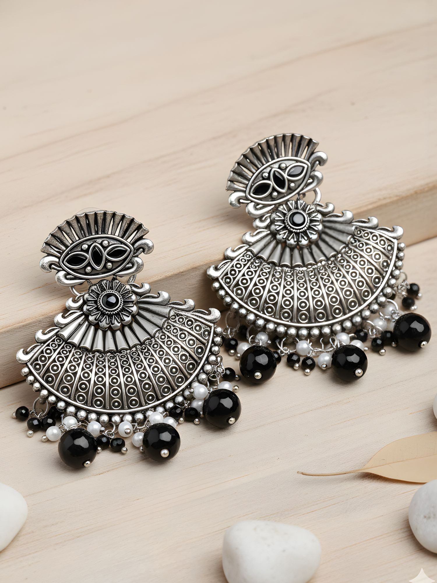 Karatcart Oxidised Silver Black Beads and Stone Studded Dangler Earring for Women