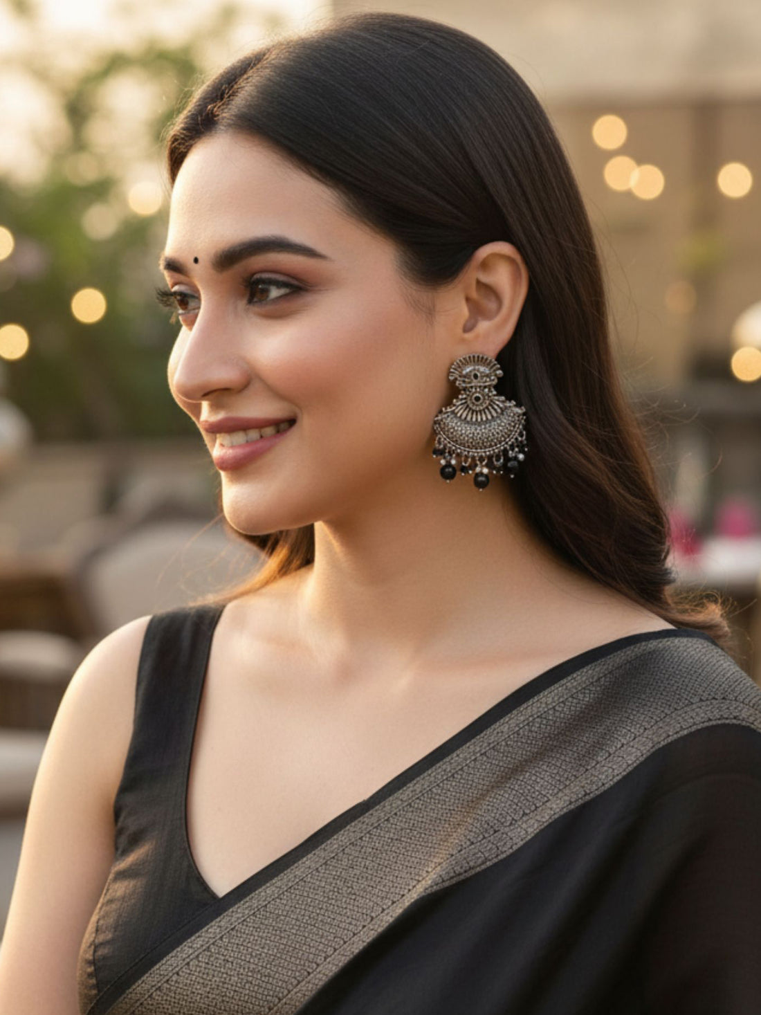 Karatcart Oxidised Silver Black Beads and Stone Studded Dangler Earring for Women