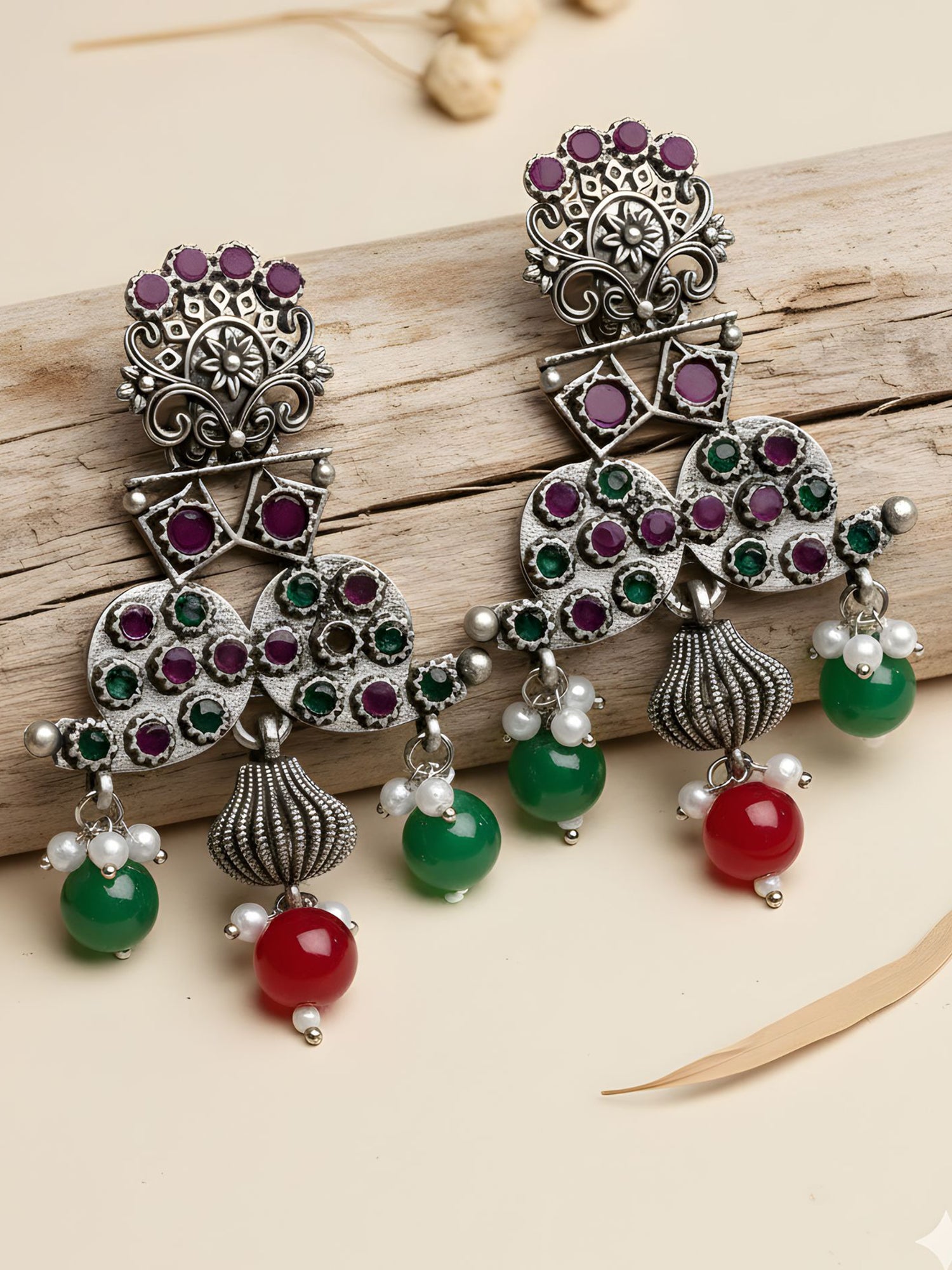 Karatcart Oxidised Silver Purple and Green Stone Dangler Earring for Women