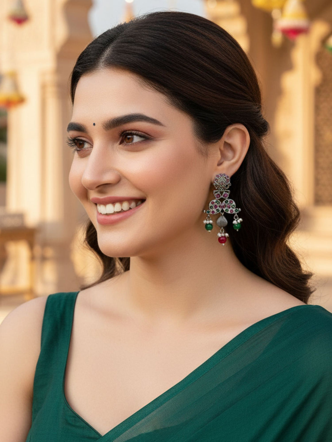 Karatcart Oxidised Silver Purple and Green Stone Dangler Earring for Women