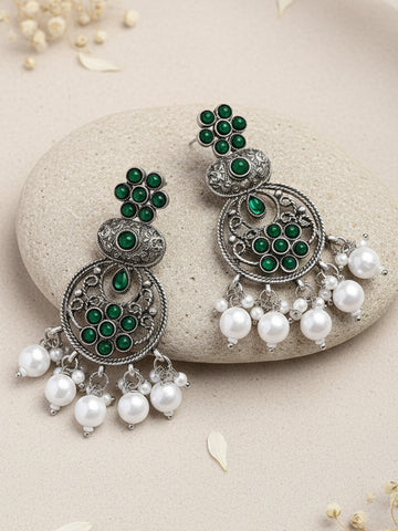 Karatcart Oxidised Silver Green Stone and Pearl Dangler Earring for Women