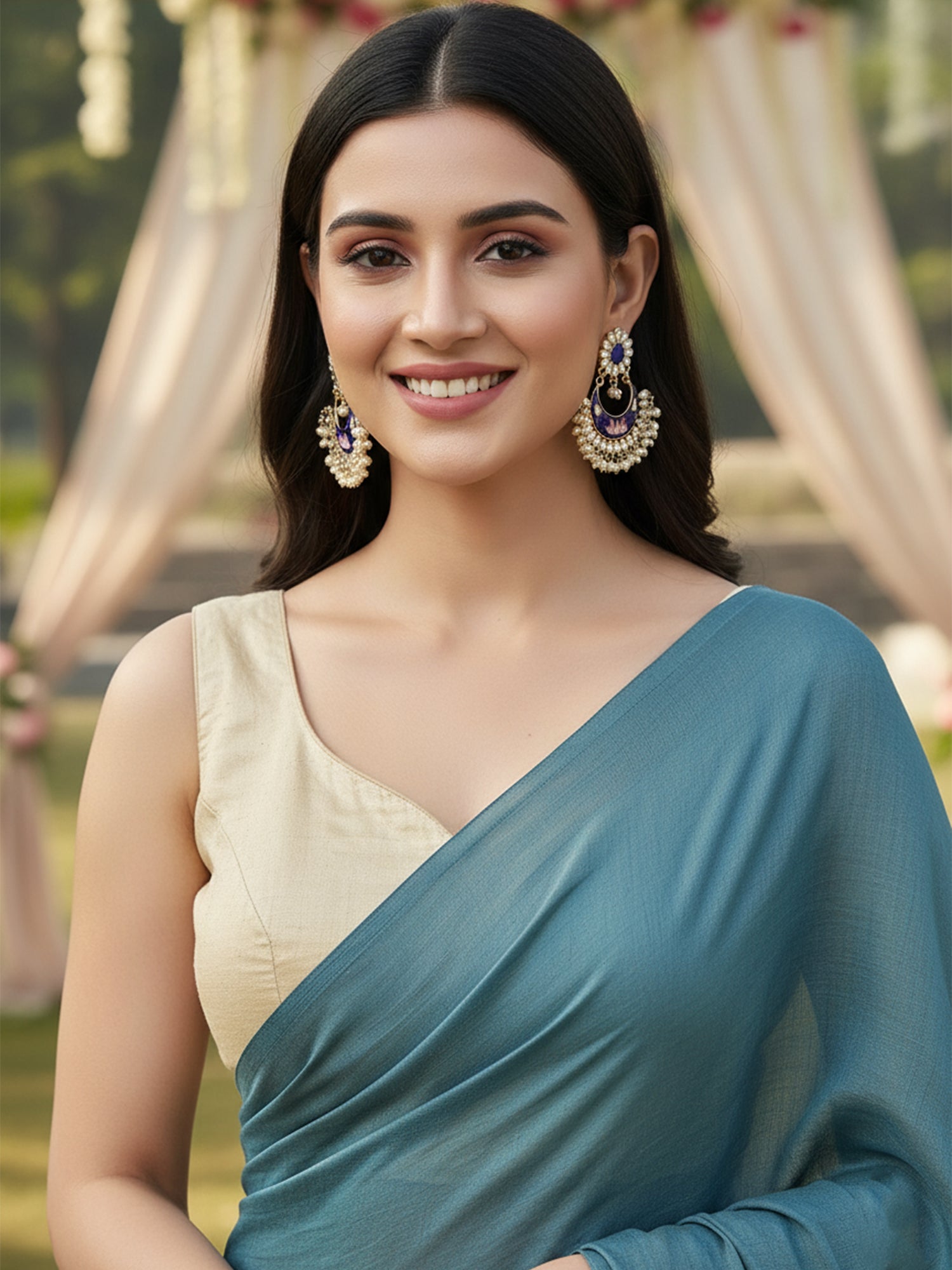 Karatcart Gold Plated Lotus Design Royal Blue Meena Kundan Dangler Earrings for Women