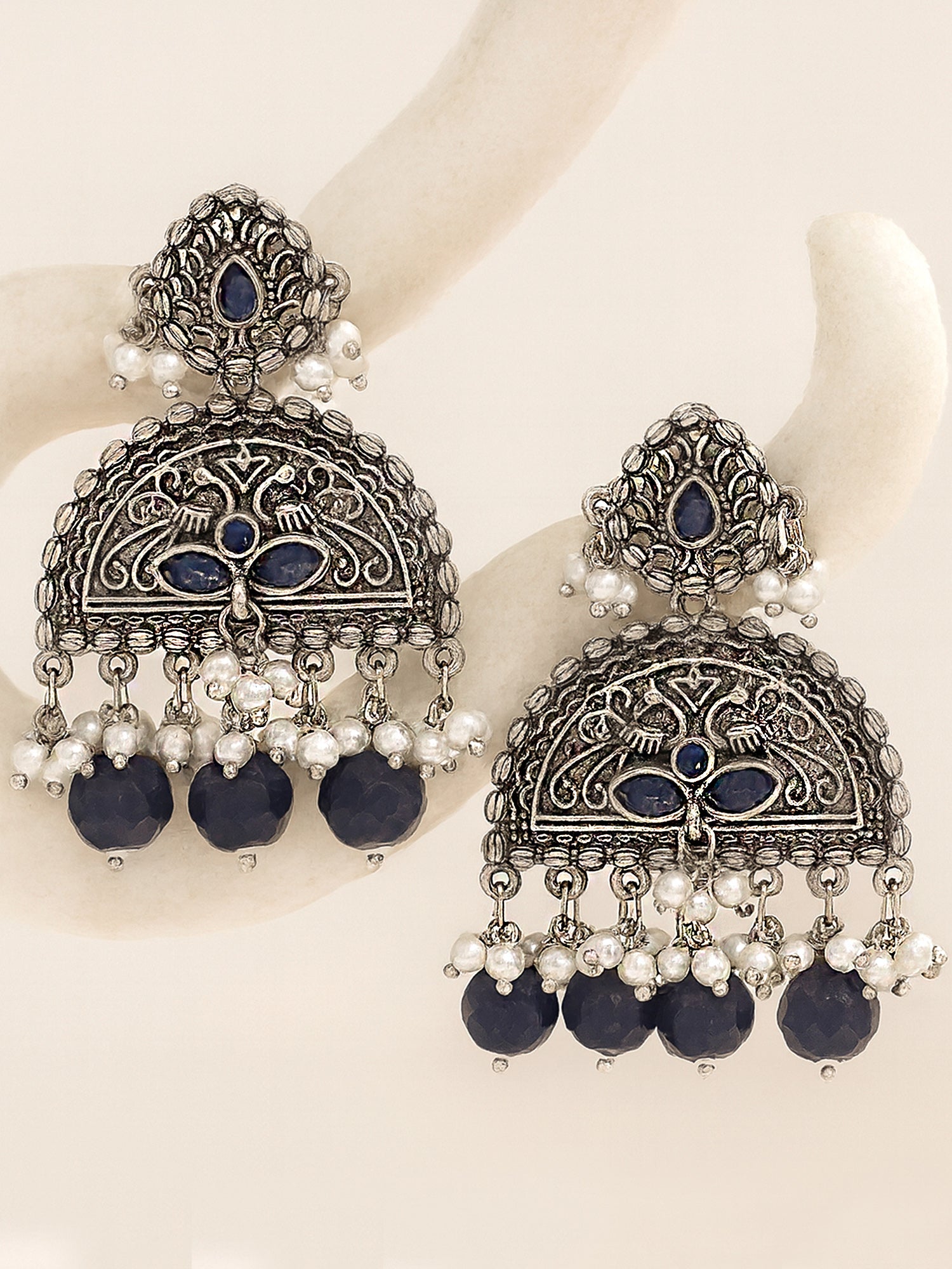 Karatcart Oxidised Silver Blue Beads Peacock Design Dangler Earrings for Women