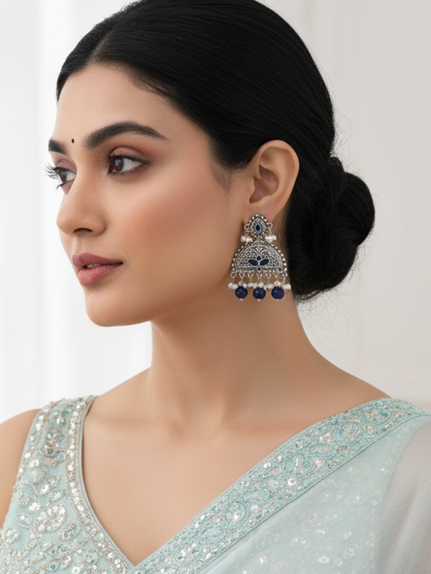 Karatcart Oxidised Silver Blue Beads Peacock Design Dangler Earrings for Women