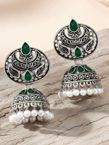Karatcart Oxidised Silver Green Stone and Pearl Jhumka Earrings for Women