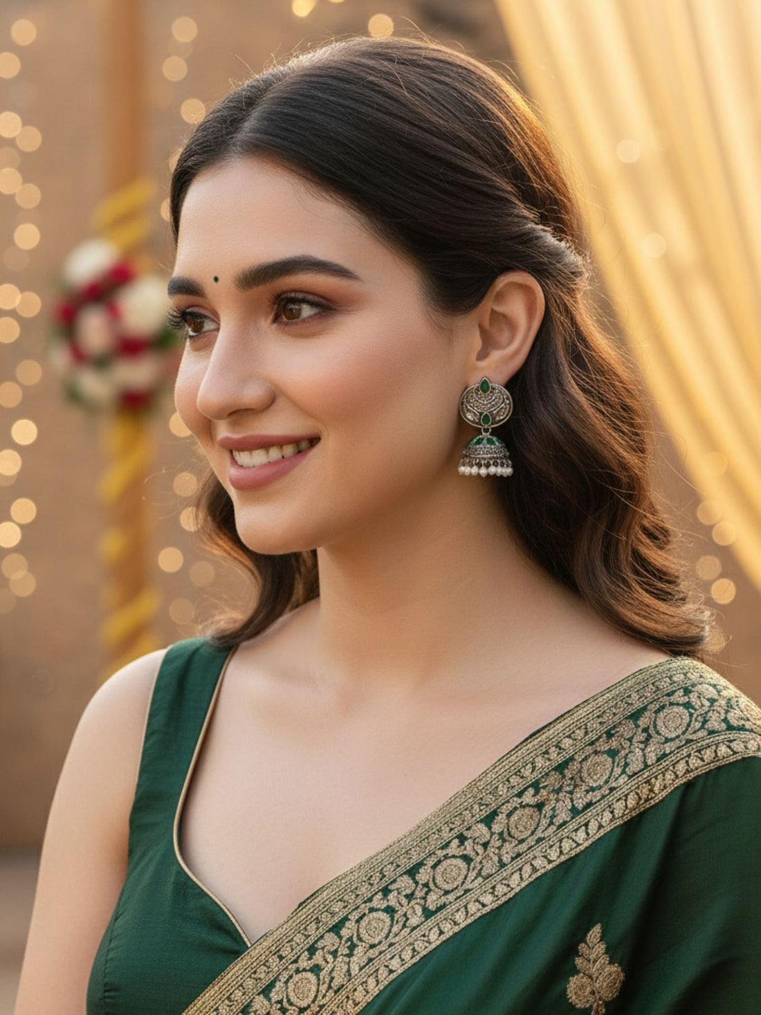 Karatcart Oxidised Silver Green Stone and Pearl Jhumka Earrings for Women