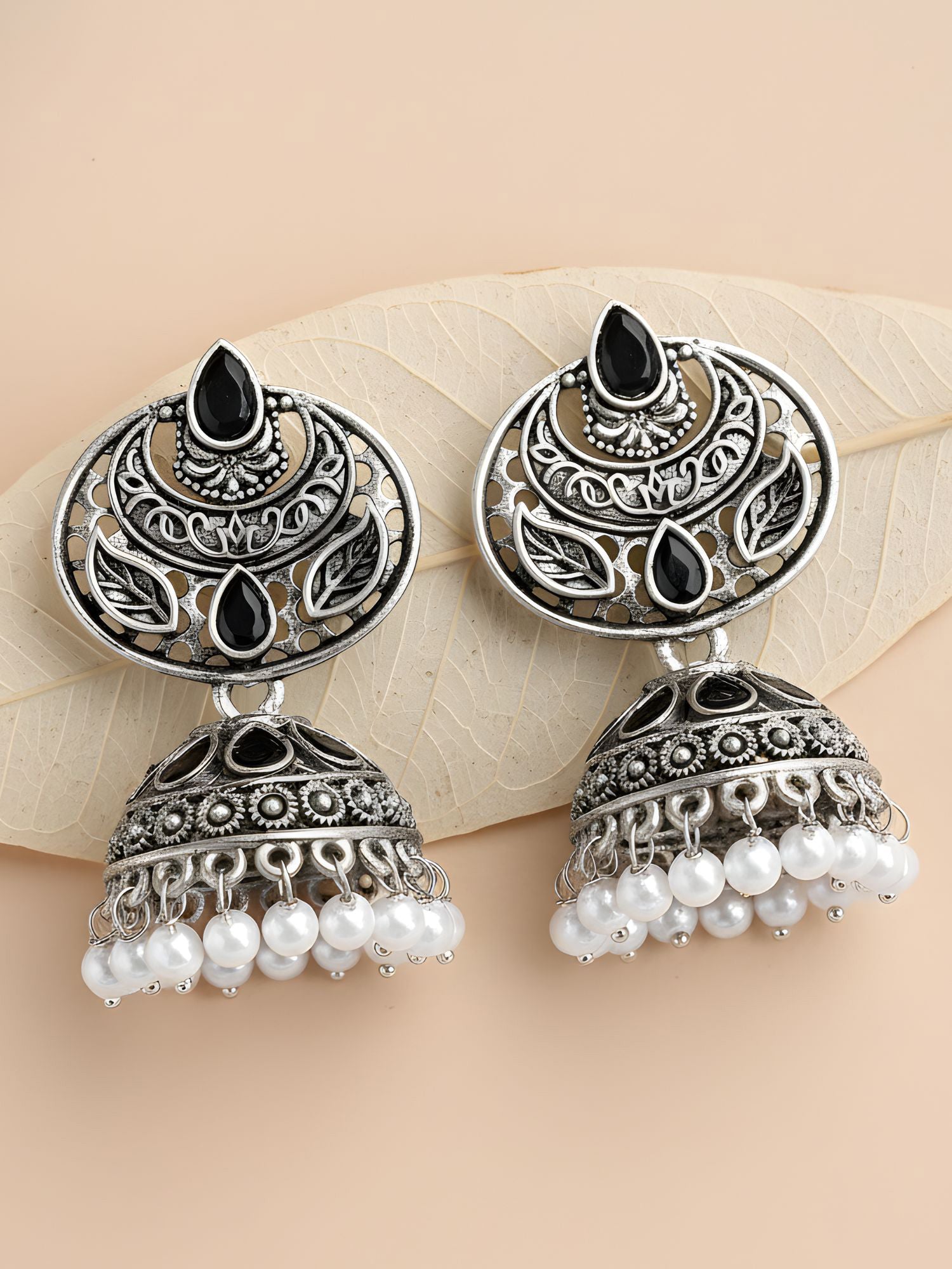 Karatcart Oxidised Silver Black Stone and Pearl Jhumka Earrings for Women
