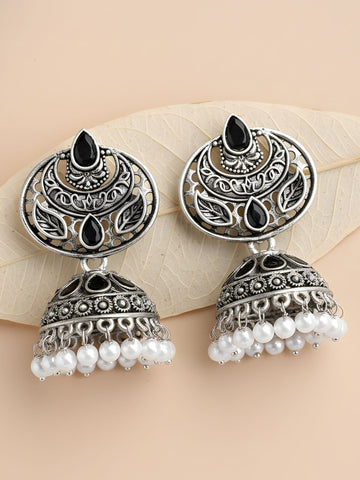 Karatcart Oxidised Silver Black Stone and Pearl Jhumka Earrings for Women