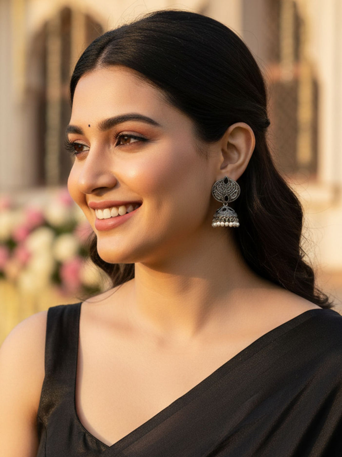 Karatcart Oxidised Silver Black Stone and Pearl Jhumka Earrings for Women