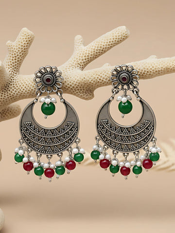 Karatcart Oxidised Silver Red and Green Beads Dangler Earrings for Women