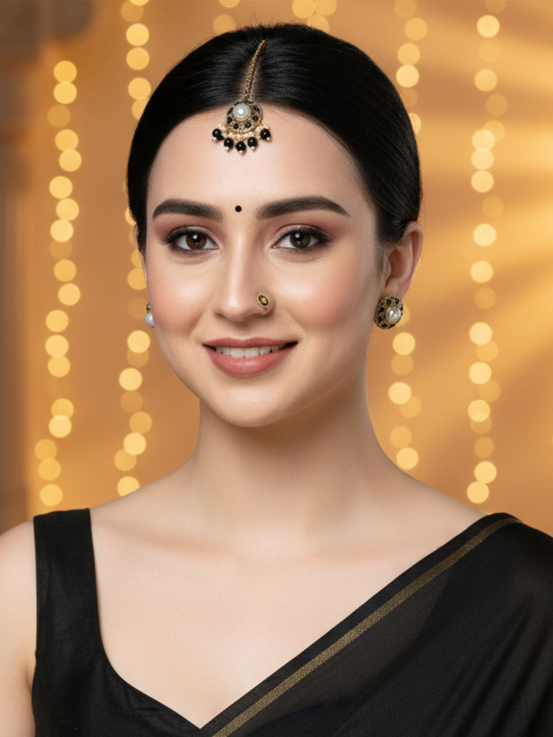 Karatcart Gold Plated Black Stone and Beads Studded Earrings with Maangtikka and Nath Combo