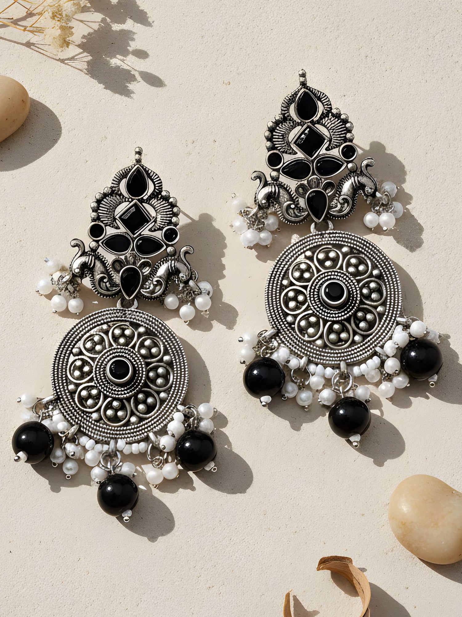 Karatcart Oxidised Silver Black Stone Chakra Design Dangler Earrings for Women