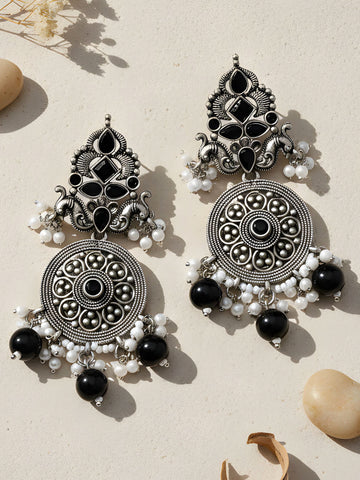 Karatcart Oxidised Silver Black Stone Chakra Design Dangler Earrings for Women