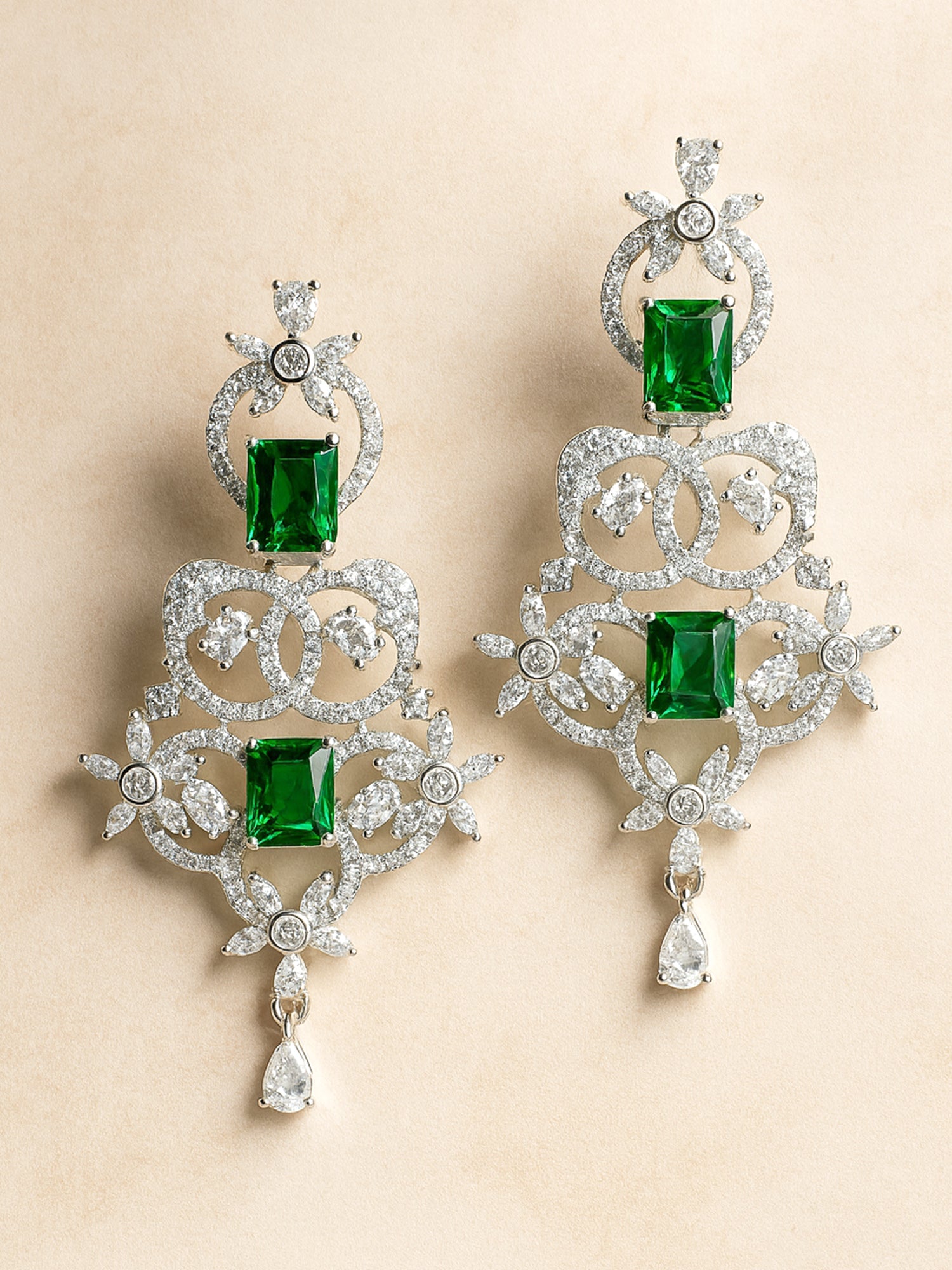 Karatcart Silver Plated Green Cubic Zirconia Studded Drop Earrings for Women