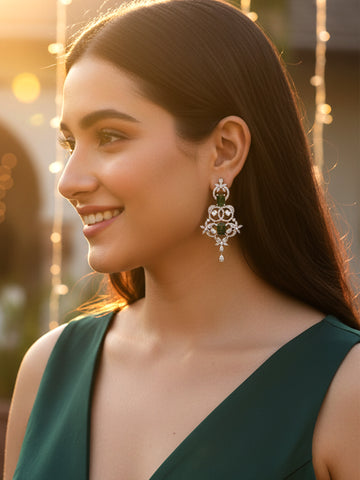 Karatcart Silver Plated Green Cubic Zirconia Studded Drop Earrings for Women