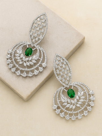 Karatcart Silver-Plated Green Cubic Zirconia Studded Drop Earrings for Women