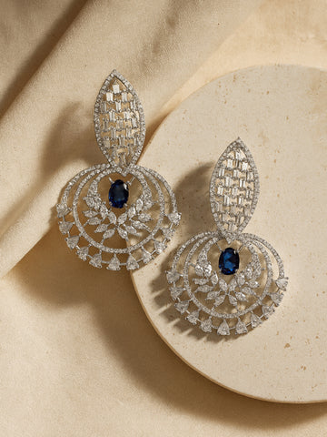 Karatcart Silver-Plated Blue Cubic Zirconia Studded Drop Earrings for Women