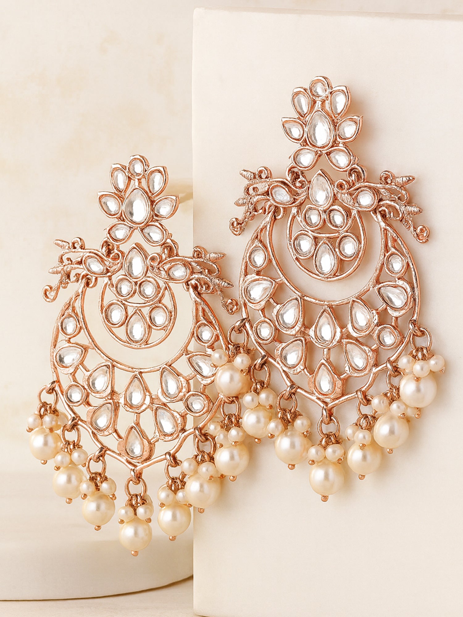 Karatcart Rose Gold Plated Pearl & Kundan Studded Dangler Earrings for Women