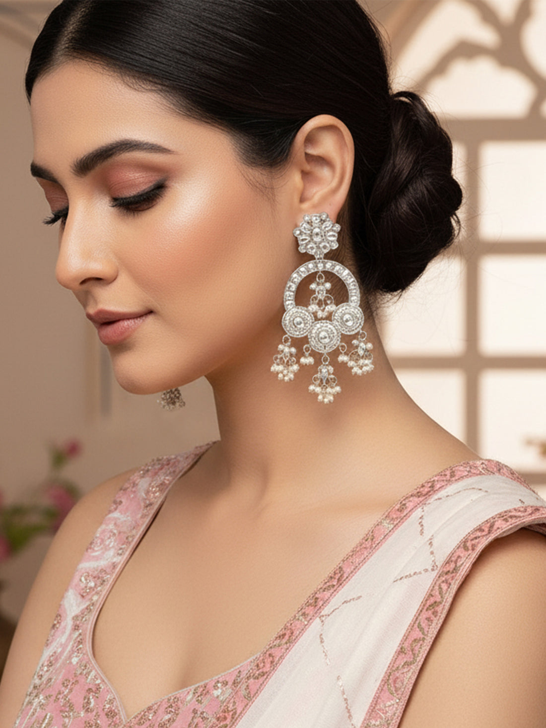 Karatcart Silver-Plated Pearl and Kundan Studded Dangler Earrings for Women