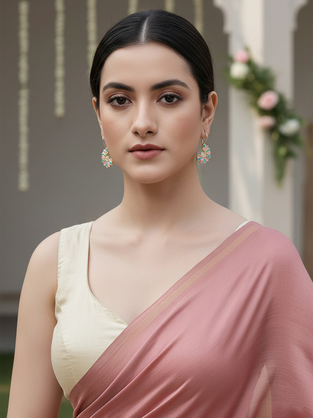 Karatcart Gold Plated Pink and Light Blue Meena Drop Earring for Women