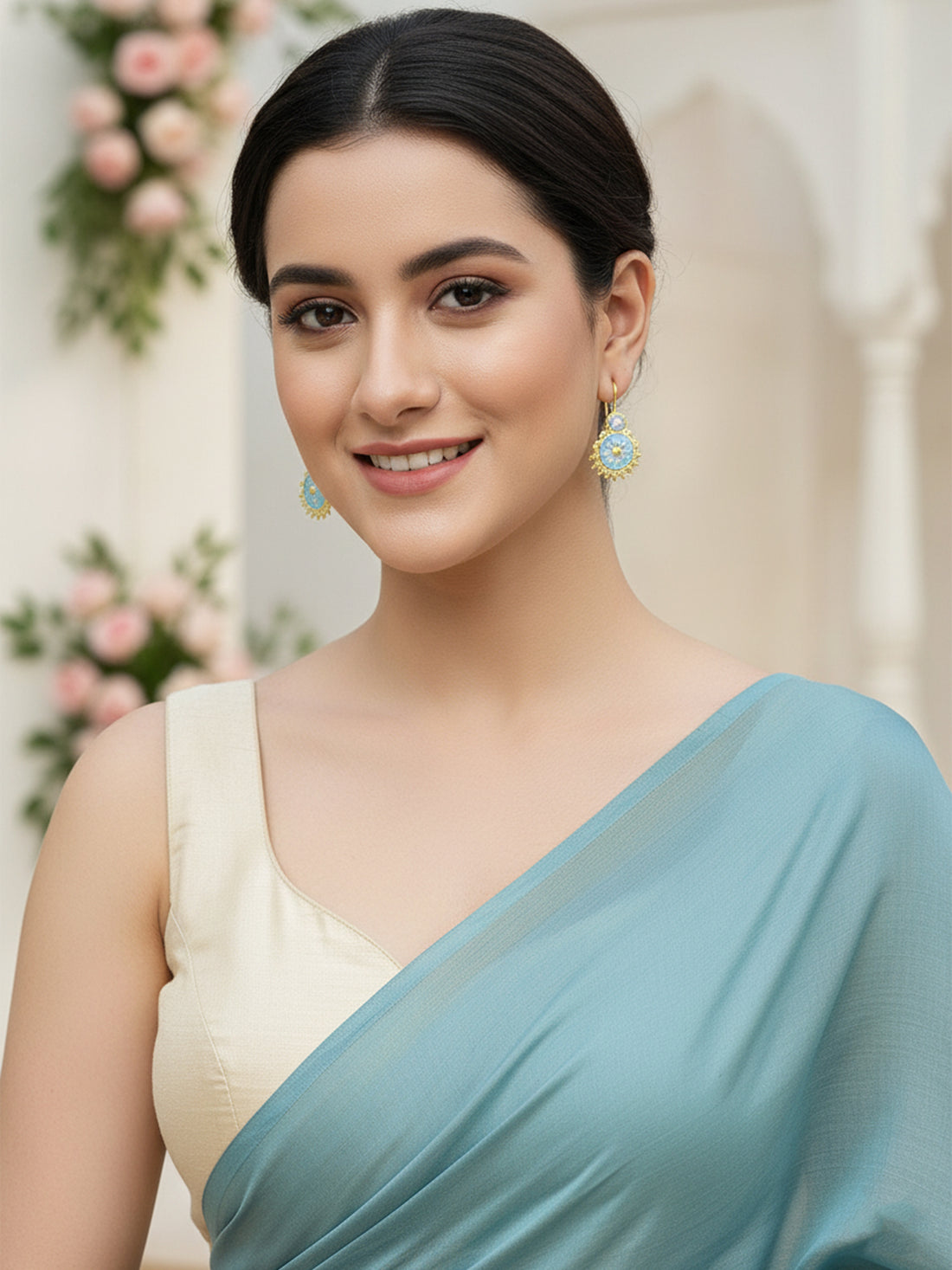 Karatcart Gold Plated Light Blue and Pink Meena Drop Earring for Women