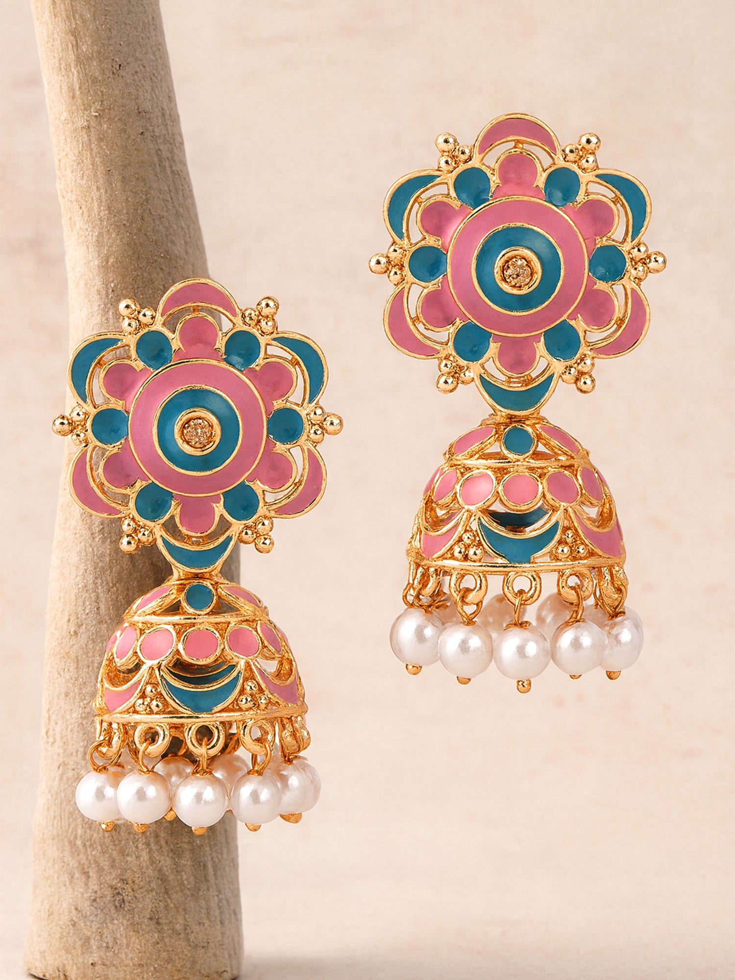 Karatcart Rose Gold Plated Floral Design Blue and Pink Meena Jhumki Earrings for Women