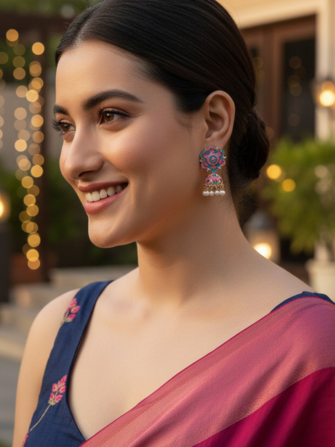Karatcart Rose Gold Plated Floral Design Blue and Pink Meena Jhumki Earrings for Women